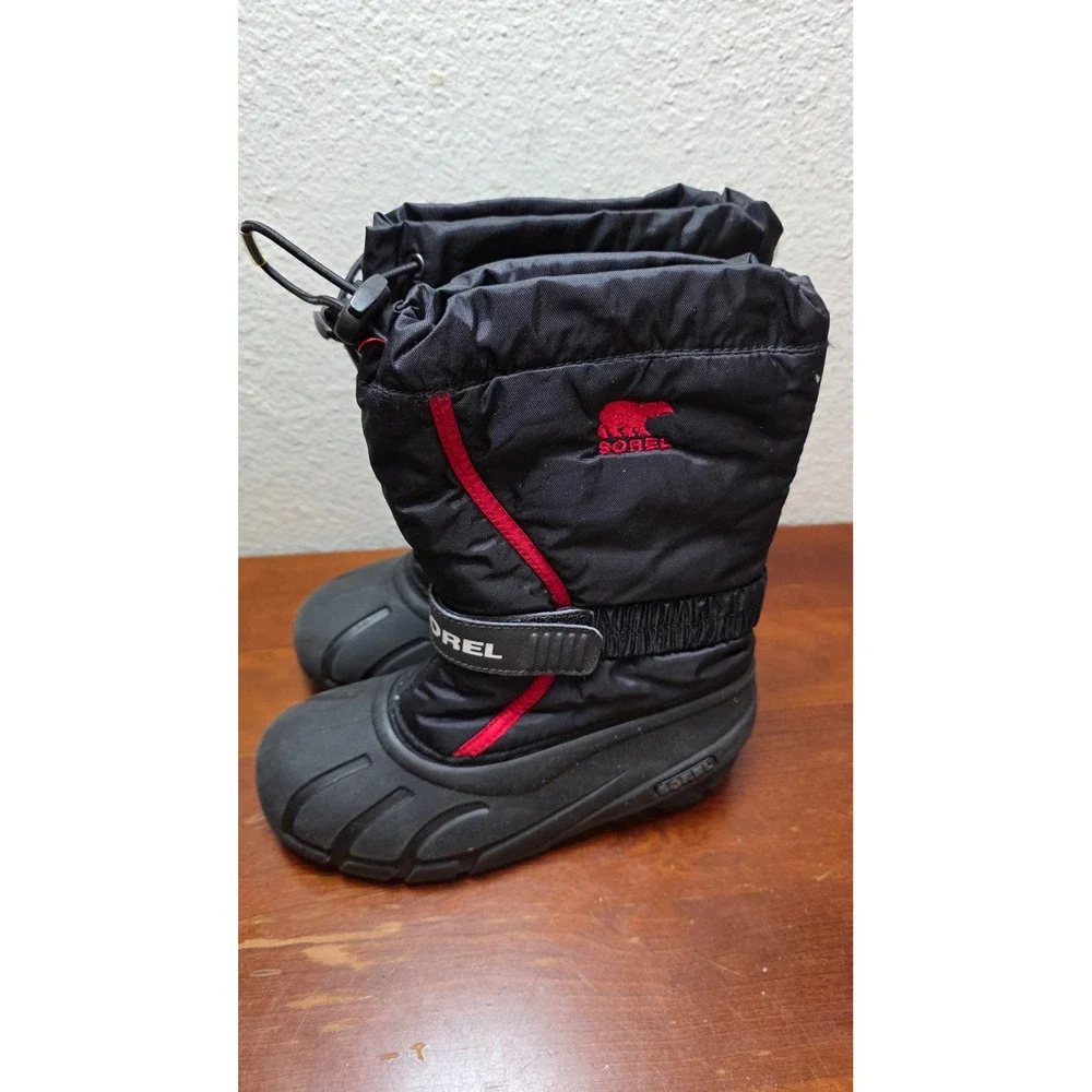 Sorel Flurry‎ Kids Snow Boots Size 3 Black Red NY1885-015 Winter Waterproof